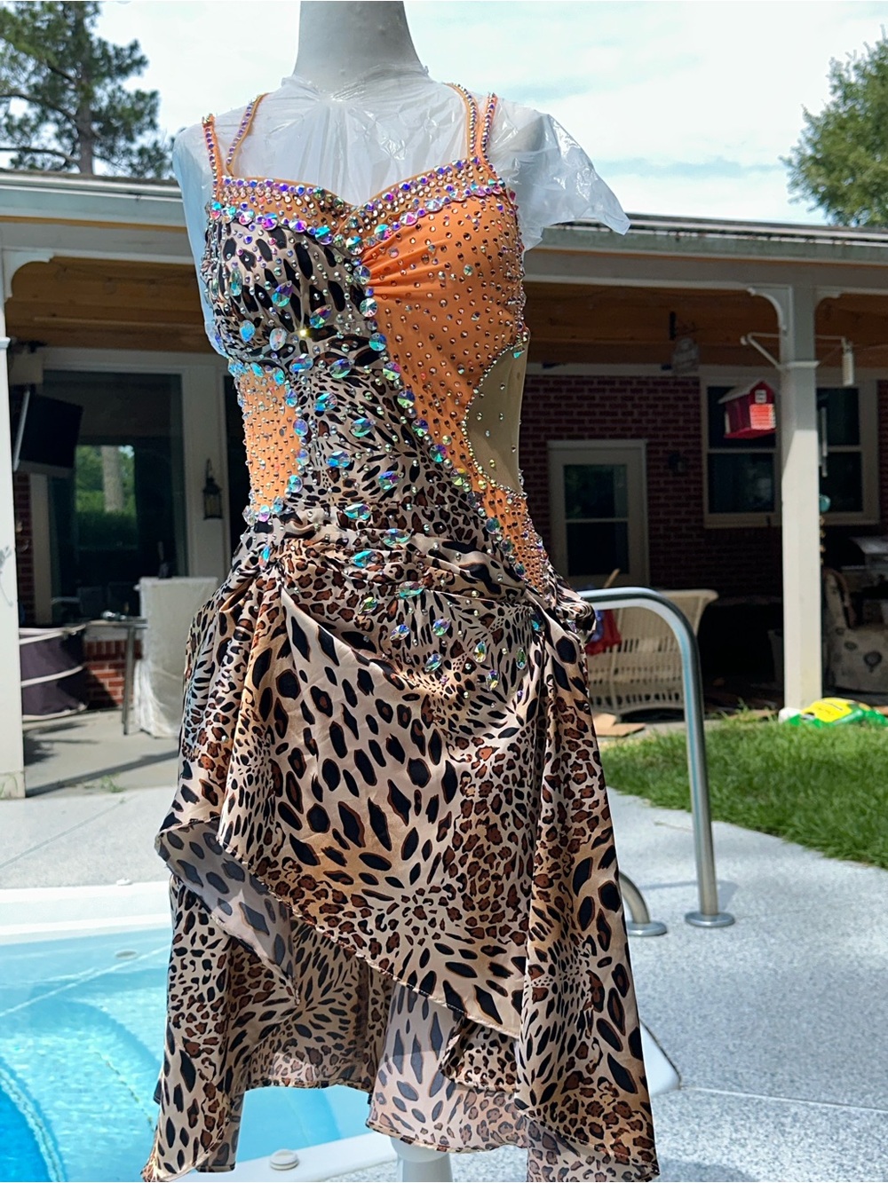 Leopard Print Asymmetrical Dance Dress with Orange Accents